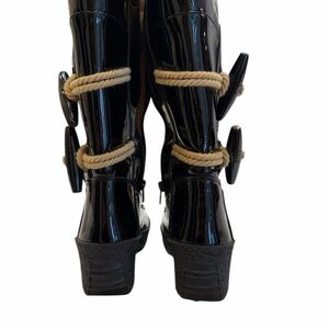 Burberry Black Patent Leather Mid-Calf Boots Platform Wedge Zip Women US 6.5